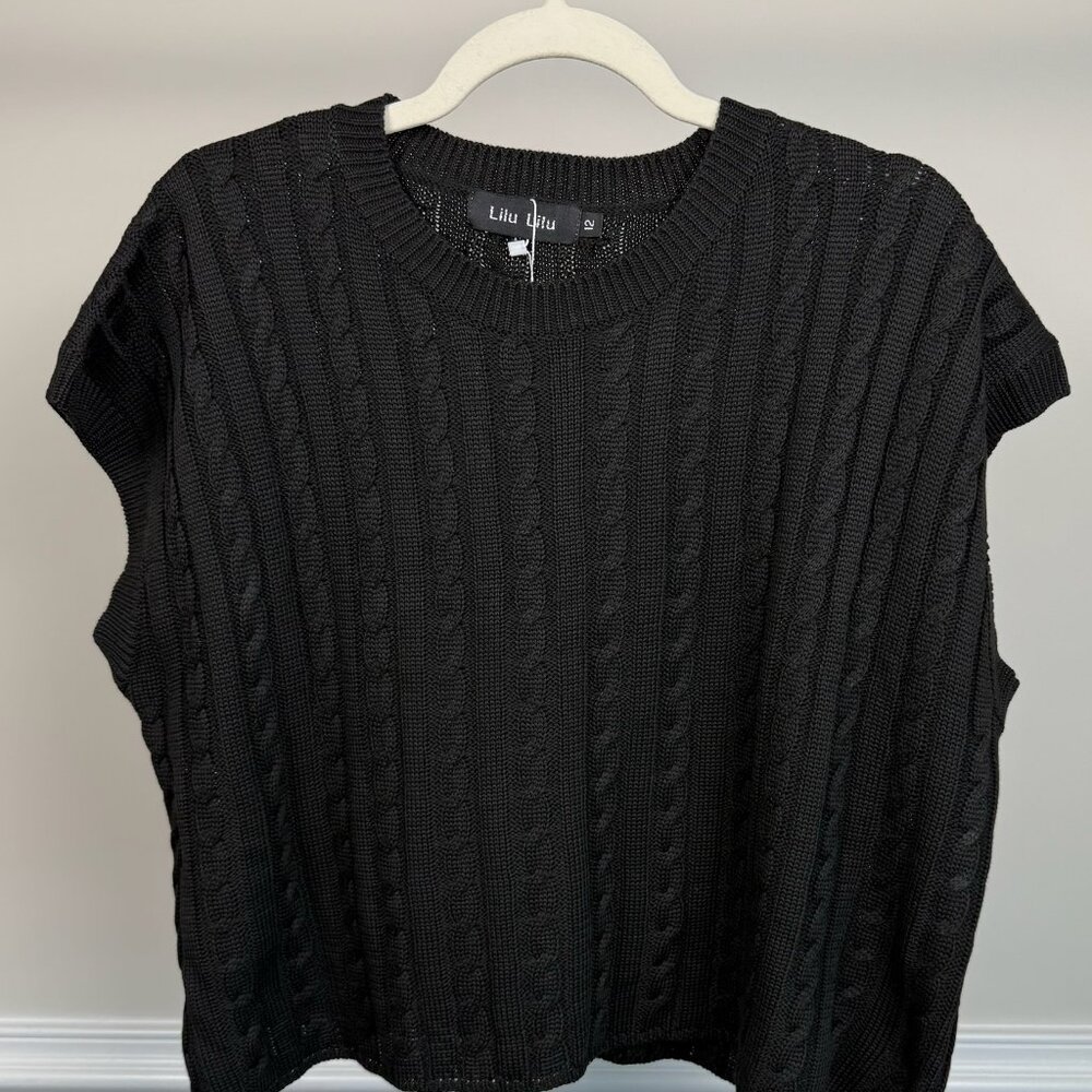 LiLu LiLu Cable Knit Vest - Sweater, Size 12, Black, Casual Sleeveless Pullover